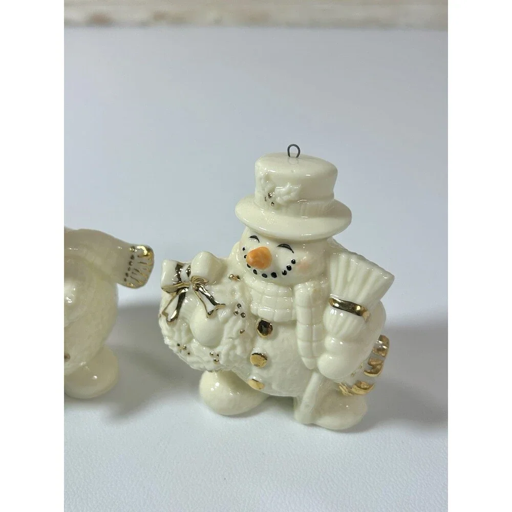 Vtg Porcelain Jade Snowman Ornaments Set Of 2 Ski Broom White Gold Color Accent